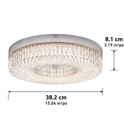 Artika FM Lysara 15 in. LED Fashion Flush Mount Ceiling Light 5 CCT, a round crystal flush mount light measuring 38.2 cm wide and 8.1 cm high.