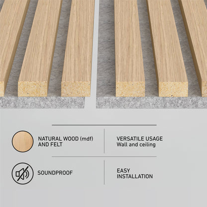 Close-up of Sonolok 15.5 ft sound-absorbing wall panel kit by Artika-CAN-dev: vertical MDF wood slats on grey felt. Icons highlight its soundproofing, natural materials, versatility for walls/ceilings, and easy installation.