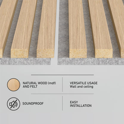 Close-up of Artikas Sonolok 15.5 ft sound-absorbing wall panel kit shows natural wood slats with felt, highlighting soundproofing and easy installation for walls or ceilings. MDF, felt, and versatile installation are featured in icons.