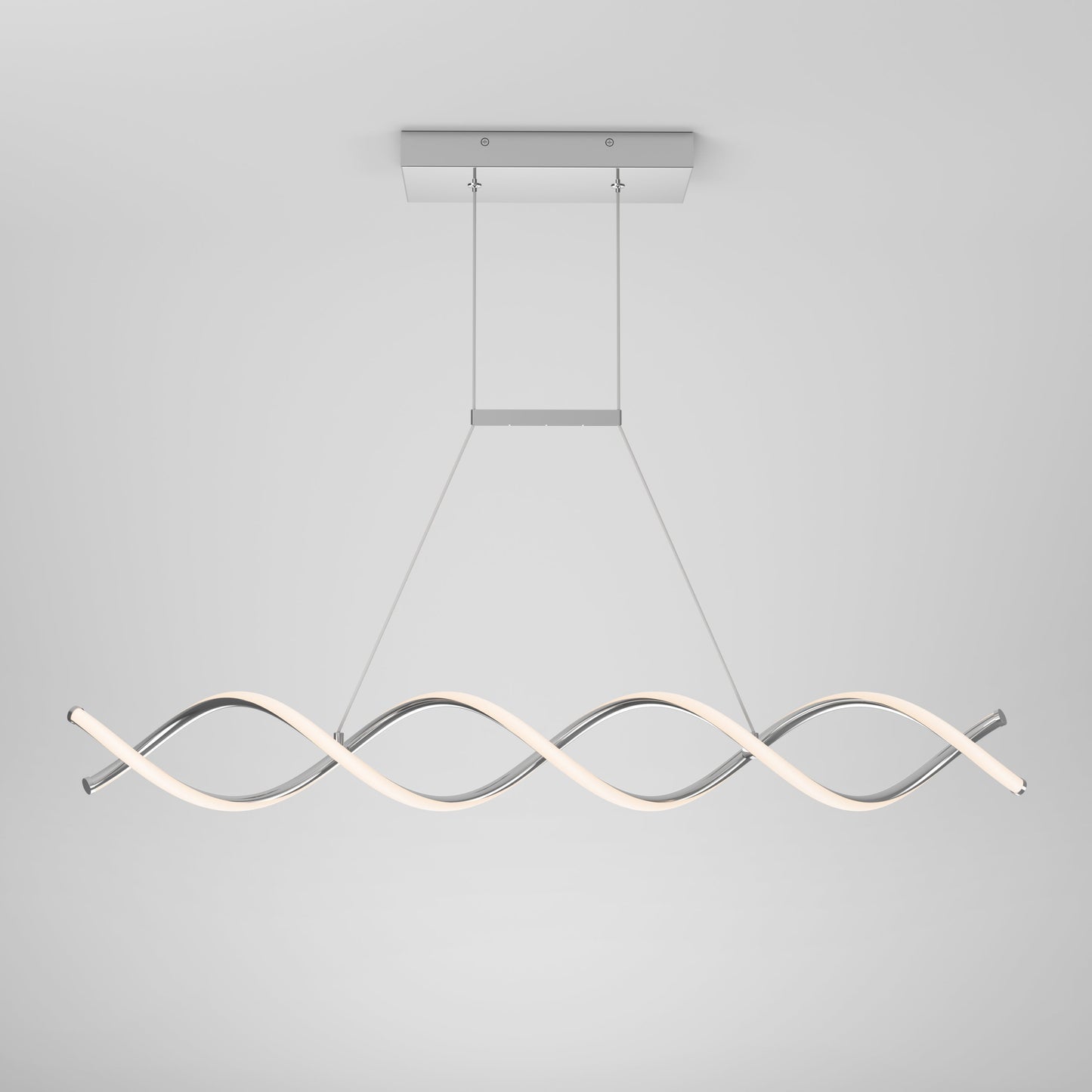 The Artika-CAN-dev DNA Linear LED modern pendant light features two intertwining wave-shaped bars in a minimalist, futuristic spiral design, suspended by slim cables from a rectangular mount against a plain white background.