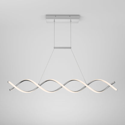 The Artika-CAN-dev DNA Linear LED modern pendant light features two intertwining wave-shaped bars in a minimalist, futuristic spiral design, suspended by slim cables from a rectangular mount against a plain white background.