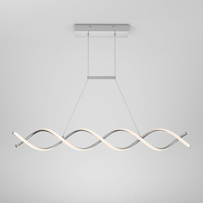 The Artika DNA Linear LED modern pendant light features two intertwined, wave-shaped LED tubes suspended by thin wires from a rectangular ceiling mount, shown against a plain white background.