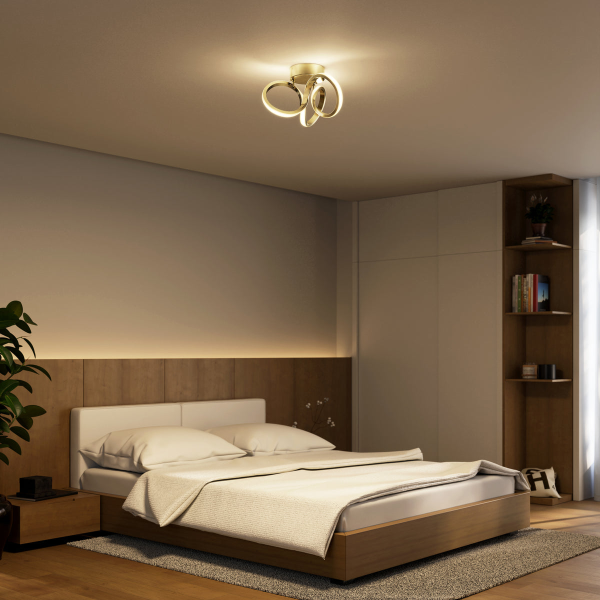 Modern bedroom with a low wooden bed, white bedding, built-in shelves, a plant, and a circular LED ceiling light. The room has neutral tones and a cozy, minimalist design.