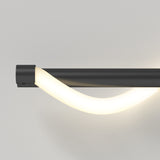 A modern wall-mounted light fixture with a sleek black base and a curved, glowing white LED tube, set against a plain light gray background.