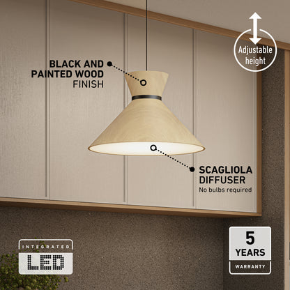 The Artika Inoa LED pendant light features a black and wood finish, integrated LED with 5 CCT settings (no bulbs needed), adjustable height, scagliola diffuser, and a 5-year warranty. Ideal for mounting above wooden surfaces.