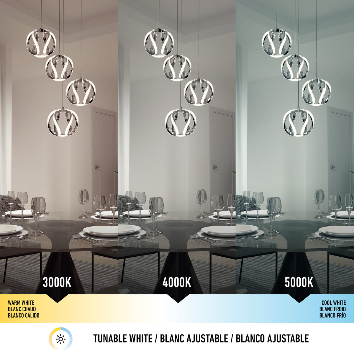 Three modern pendant lights above a dining table, shown under three different light color temperatures: warm white (3000K), neutral white (4000K), and cool white (5000K).