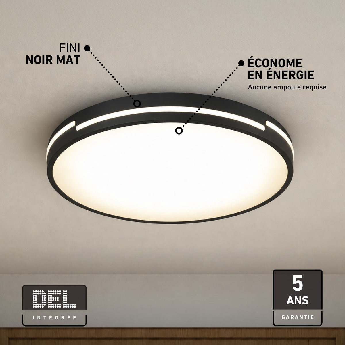 Artika Delray 16″ LED flush mount, 5 CCT, matte black, energy-efficient, 5-year warranty, easy install on white ceilings.