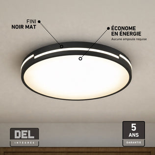 Artika Delray 16″ LED flush mount, 5 CCT, matte black, energy-efficient, 5-year warranty, easy install on white ceilings.
