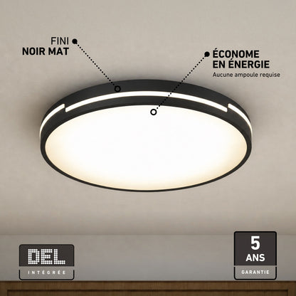 Artika Delray 16″ LED flush mount, 5 CCT, matte black, energy-efficient, 5-year warranty, easy install on white ceilings.