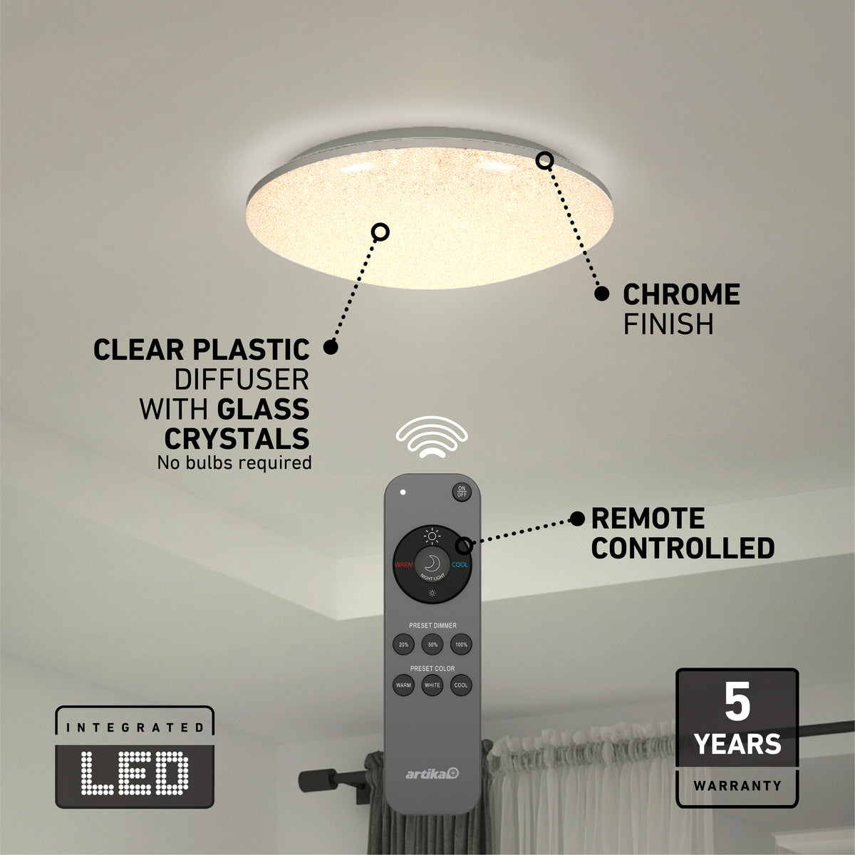Round LED ceiling light with a chrome finish and clear plastic diffuser containing glass crystals, shown illuminated on a ceiling. A remote control is displayed in the foreground. Warranty information is also visible.