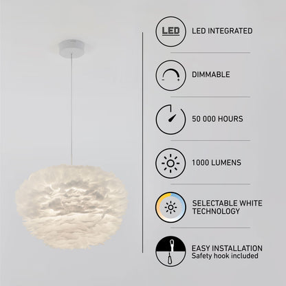 The Artika Plume LED pendant light features a modern white ruffled shade, 1000 lumens, selectable white, dimmable LED (50,000 hours), and easy installation—all highlighted with clear icons and text.