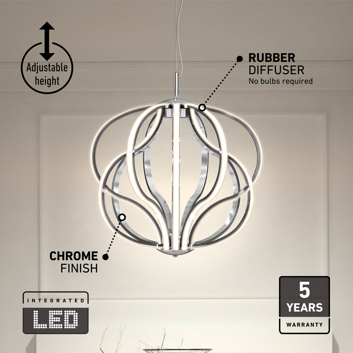 Modern LED pendant light with a chrome finish and curved, illuminated arms hangs in a minimal room. Labels highlight adjustable height, rubber diffuser (no bulbs required), integrated LED, and 5-year warranty.