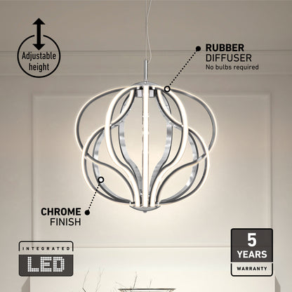 The Artika Meridian LED pendant light features a chrome finish, curved looped design, adjustable height, rubber diffuser, and integrated LED. It hangs from the ceiling and comes with a 5-year warranty.