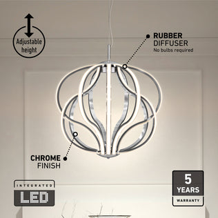 The Meridian LED pendant light by Artika features a chrome finish, rubber diffuser, adjustable height, integrated LED (no bulbs needed), and includes a 5-year warranty.