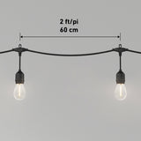A string of lights with two hanging bulbs spaced 2 feet or 60 cm apart, shown against a plain gray background with the measurement indicated above the bulbs.