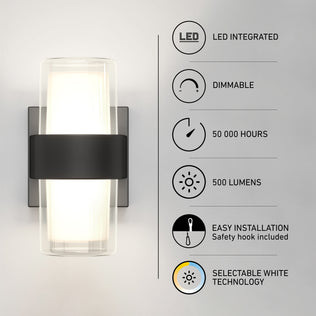 The Artika Colton modern LED indoor-outdoor wall light 5 CCT features integrated LEDs, dimmable lighting, 50,000-hour lifespan, 500 lumens output, easy installation, and selectable white technology in a sleek black design.
