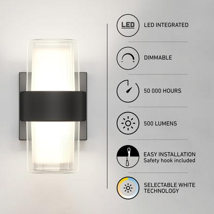 The Artika Colton modern LED indoor-outdoor wall light 5 CCT features integrated LEDs, dimmable lighting, 50,000-hour lifespan, 500 lumens output, easy installation, and selectable white technology in a sleek black design.