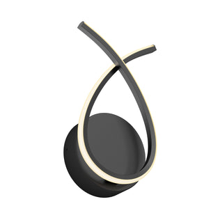 The Artika Gamma modern LED wall sconce 5 CCT features a circular black base with two curved, intersecting LED strips in an abstract loop design, offering customizable soft white illumination.