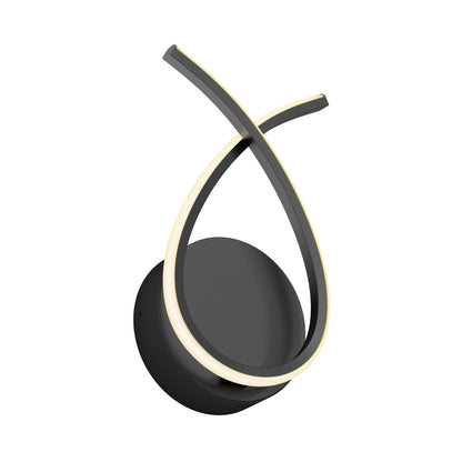 The Artika Gamma modern LED wall sconce 5 CCT features a circular black base with two curved, intersecting LED strips in an abstract loop design, offering customizable soft white illumination.