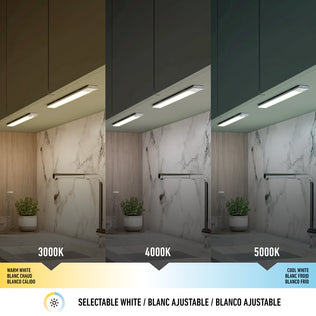 Image of a kitchen with Artika Outline under cabinet LED light 3CCT, displaying selectable white lighting in 3000K, 4000K, and 5000K. Selectable White appears in English, French, and Spanish below the image.