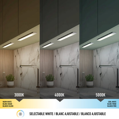 Image of a kitchen with Artika Outline under cabinet LED light 3CCT, displaying selectable white lighting in 3000K, 4000K, and 5000K. Selectable White appears in English, French, and Spanish below the image.