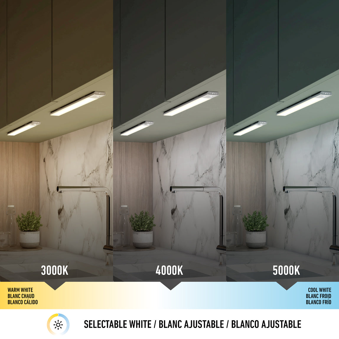 A kitchen counter under cabinets is lit with three different LED light temperatures: warm white (3000K), neutral white (4000K), and cool white (5000K), showing the color differences in the lighting.