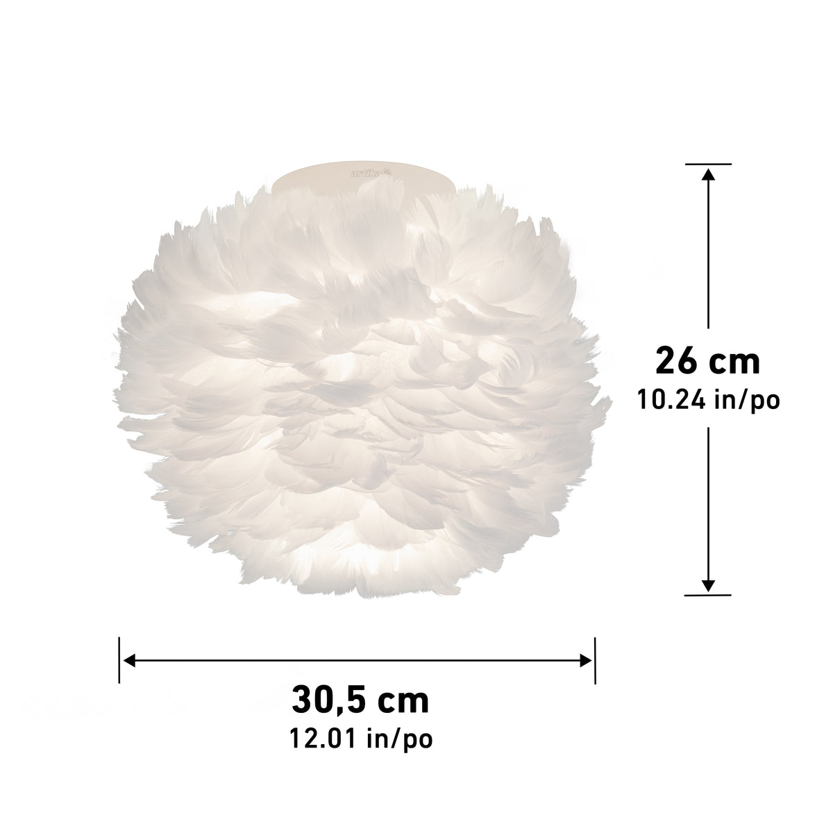 Round, white feather lampshade with soft lighting, measuring 26 cm (10.24 in) in height and 30.5 cm (12.01 in) in width. Black arrows indicate the dimensions of the lampshade.