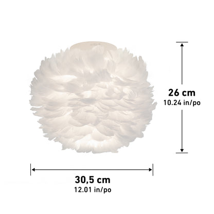 The Artika Plume LED flush mount light features a round white feather lampshade, measuring 26 cm (10.24 in) high by 30.5 cm (12.01 in) wide, with measurement arrows displayed along the right and bottom edges.