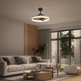 A modern living room with a beige sofa, round coffee table, indoor plant, and large window. A ceiling fan with a circular LED light fixture hangs from the ceiling. The decor is minimalist and neutral-toned.