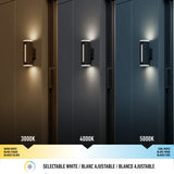 A wall light fixture displayed in three color temperatures: warm white (3000K), neutral white (4000K), and cool white (5000K), shown on three adjacent walls with labels and a selectable white banner below.