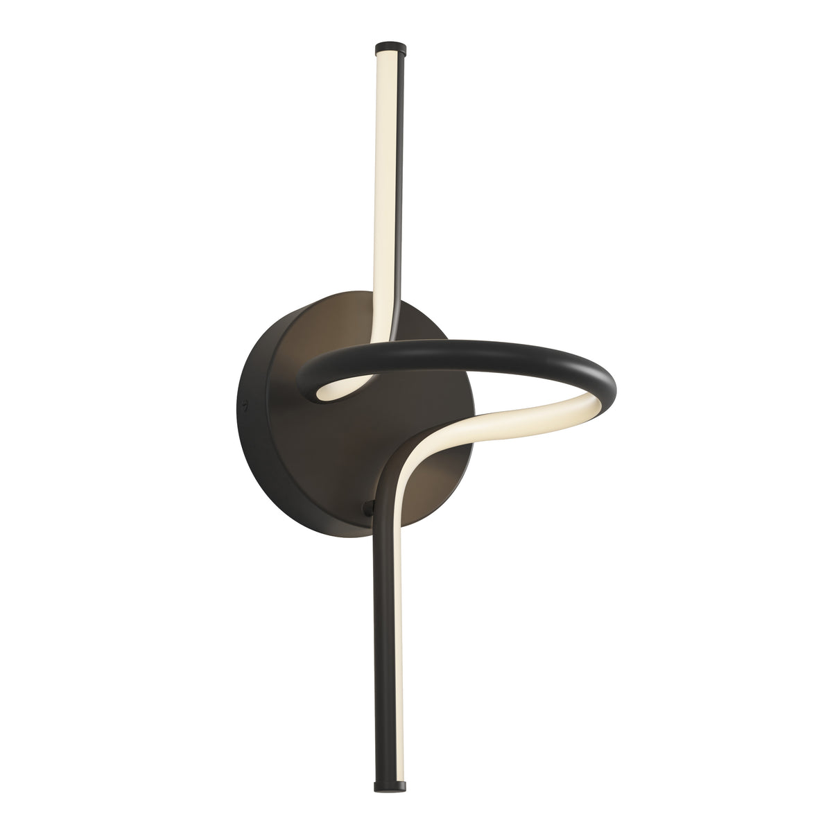A modern wall sconce featuring a circular black base with a looping, curved LED light tube extending outward and upward in a minimalist, sculptural design.