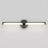 A modern wall-mounted light fixture with a round black base and a horizontal, slim black bar featuring integrated white LED lighting, set against a plain light gray background.