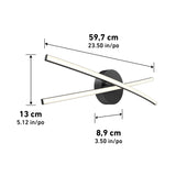 Modern wall light fixture with two crossed LED bars mounted on a circular base. Dimensions shown: 59.7 cm (23.50 in) wide, 13 cm (5.12 in) high, and 8.9 cm (3.50 in) deep.