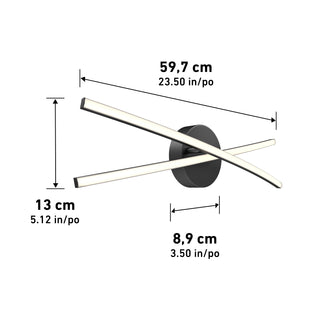 The Artika Orly modern LED bathroom vanity light 3 CCT features two overlapping curved bars on a round base—ideal for modern decor or as stylish bathroom mirror lighting. Dimensions: 59.7 cm W x 13 cm H x 8.9 cm D.