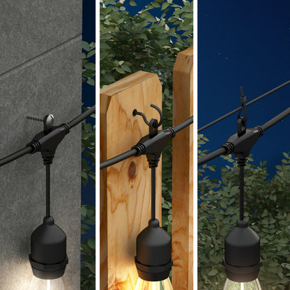 Three panels show Artika Blaze 20 LED Outdoor Solar String Lights attached to a wall, wooden fence, and cable with various hooks, set against greenery and a night sky.