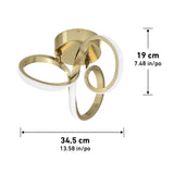 Modern gold ceiling light fixture with three intertwined loops, shown with dimensions: 19 cm (7.48 in) tall and 34.5 cm (13.58 in) wide.