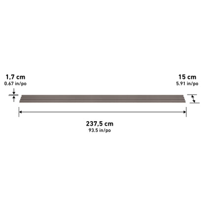 The Artika Panolok 30.67 ft wall panel kit (pack of 8) is shown with ridged rectangular boards, each measuring 237.5 cm (93.5 in) long, 15 cm (5.9 in) wide, and 1.7 cm (0.68 in) thick; all dimensions are labeled in cm and inches.