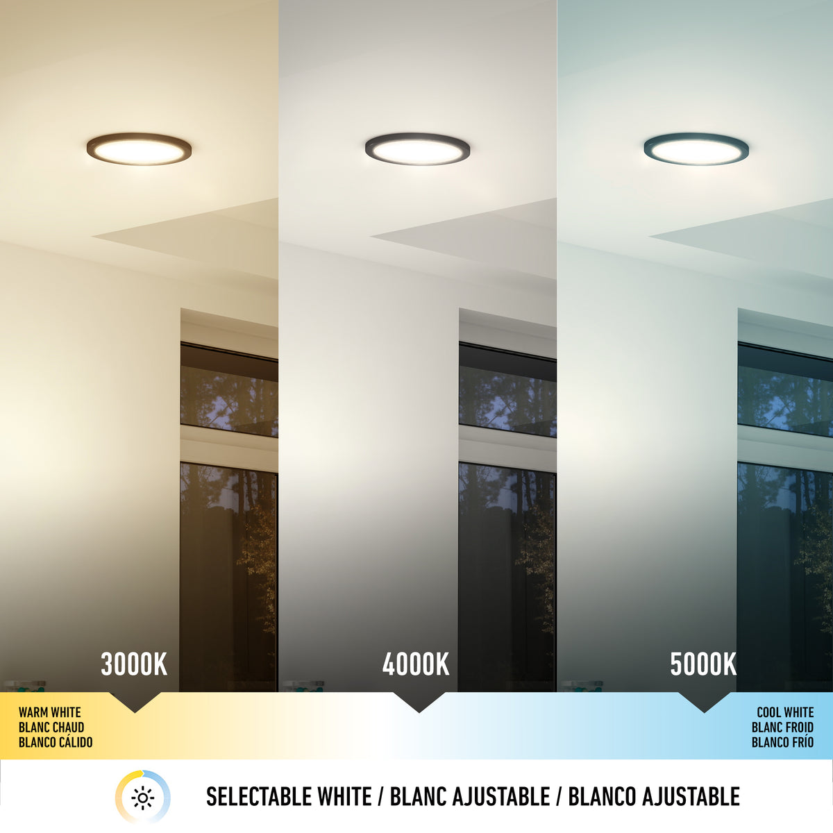 A ceiling light shown in three color temperatures: warm white (3000K), neutral white (4000K), and cool white (5000K), above a window, with text labels and a color temperature scale below.