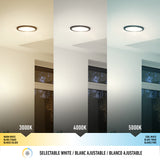 A ceiling light shown in three color temperatures: warm white (3000K), neutral white (4000K), and cool white (5000K), above a window, with text labels and a color temperature scale below.