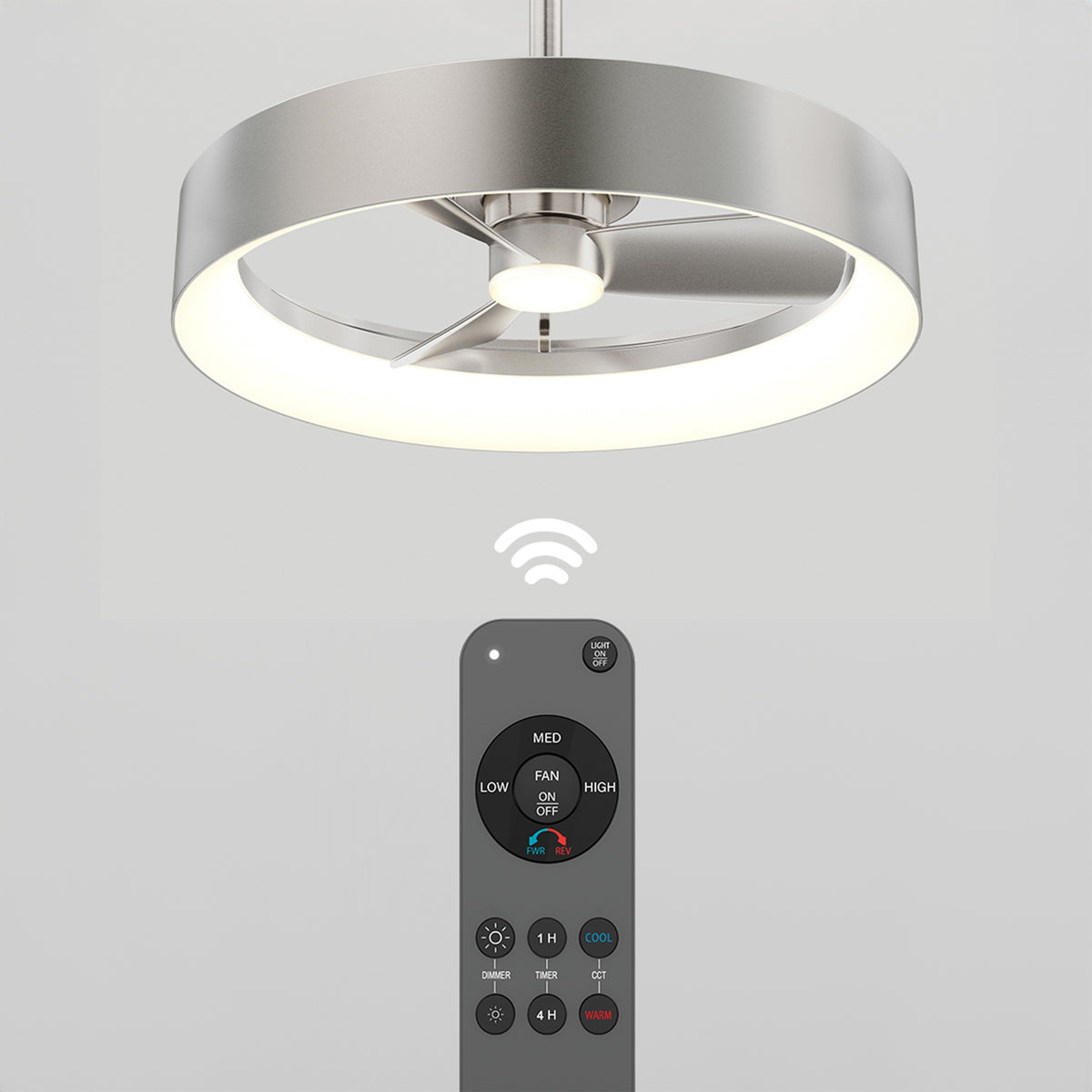 A modern ceiling fan with a circular LED light, shown above a wireless remote control with buttons for fan speed, light, and timer settings. A WiFi symbol indicates remote connectivity.