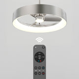 A modern ceiling fan with a circular LED light, shown above a wireless remote control with buttons for fan speed, light, and timer settings. A WiFi symbol indicates remote connectivity.
