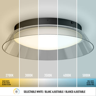 The Arthur modern LED flush mount light by Artika features five selectable white color temperatures—2700K (warm), 3000K, 3500K, 4000K, and 5000K (cool)—displayed with icons to illustrate adjustable lighting options.