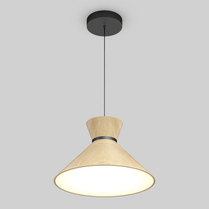 The Artika Inoa LED pendant light features a wide, conical wooden shade and black accents, suspended by a black cord from a round ceiling mount, shown illuminated against a plain light gray background.