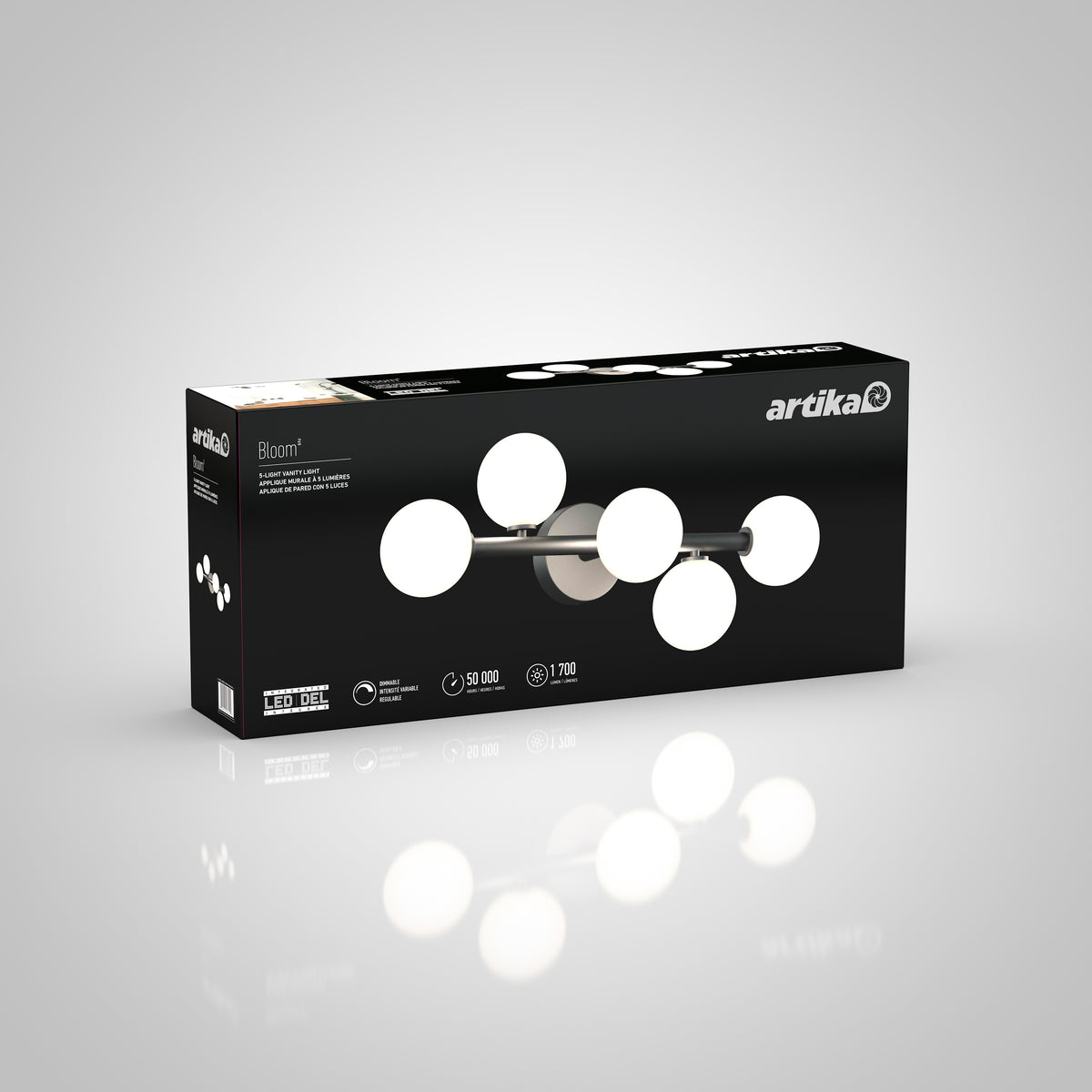 A rectangular black box featuring the Artika Bloom LED vanity light with six round glass bulbs on the front. The package displays product features and a photo of the light fixture.