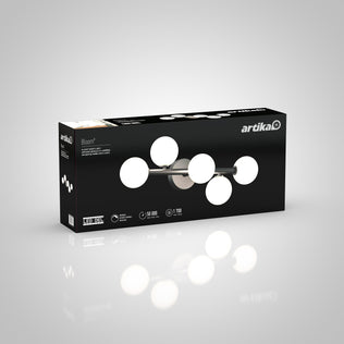 A rectangular black box for the Artika Bloom 27-in 3-Light Modern LED Vanity Light displays images of the bathroom fixture, product features, and branding on a gray gradient background.