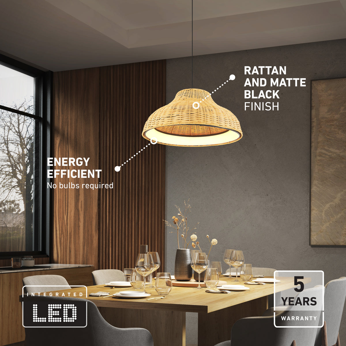 A modern dining room features a rattan and matte black pendant light above a wooden table set for six. Text highlights the lamps energy efficiency, integrated LED, and 5-year warranty. Large windows let in natural light.