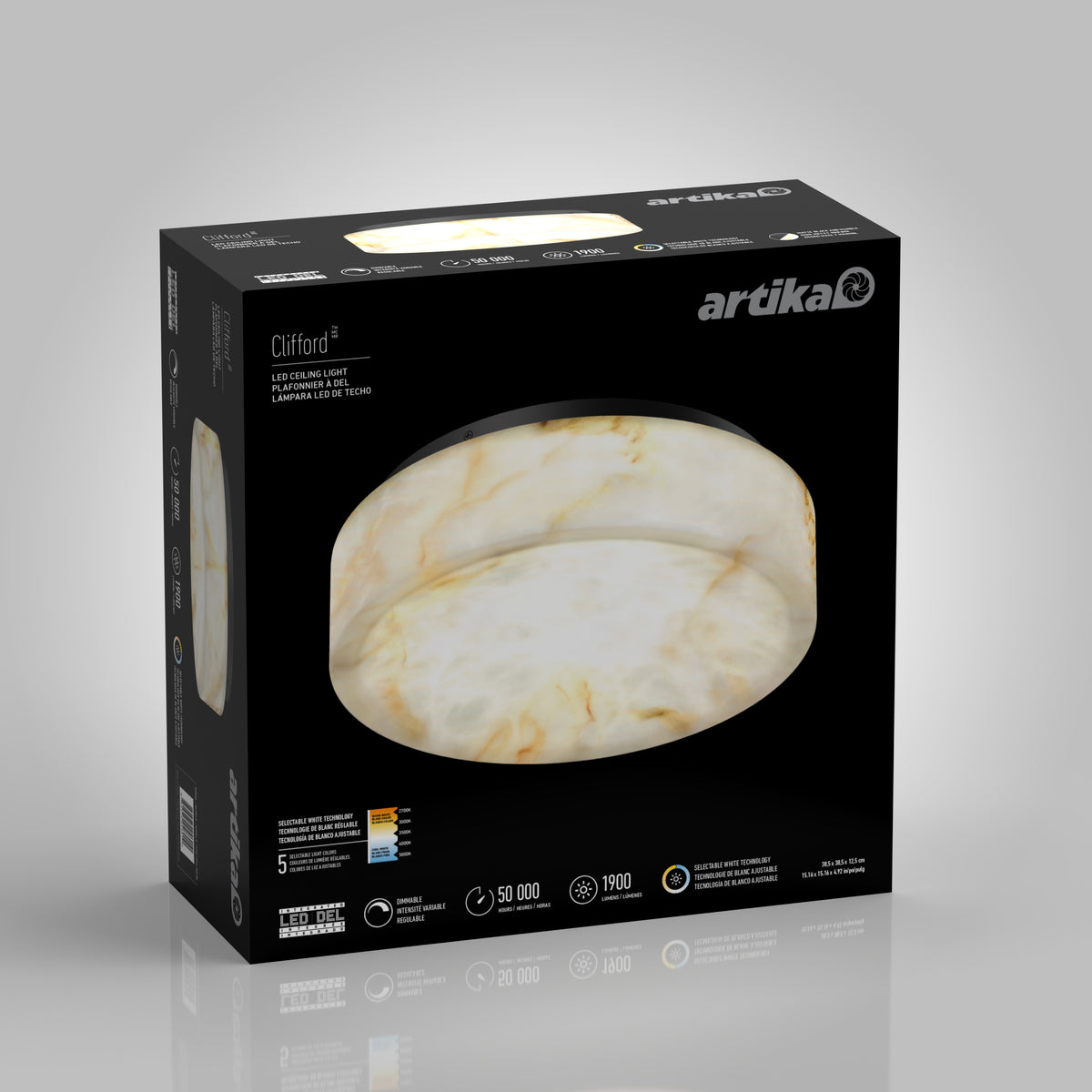 A black box displays an Artika Clifford 15 in. flush mount light 5 CCT LED with a marble-like white and gold pattern, highlighting its 5-year warranty, 50,000-hour lifespan, 1900 lumens brightness, and 18W power.