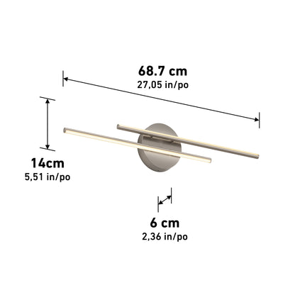 The Artika Cisco modern LED bathroom vanity light 5 CCT features two horizontal light bars and measures 68.7 cm (27.05 in) wide, 14 cm (5.51 in) tall, and 6 cm (2.36 in) deep.