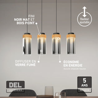 Artika Hanson 4-light LED pendant 5 CCT with wood accents and smoked glass, featuring height adjustment and energy efficiency labels.