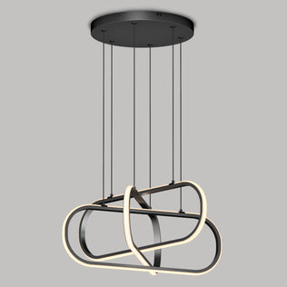 The Artika Lewis modern LED pendant light 3 CCT features interlocking oval loops in a black frame with integrated LEDs, suspended from a round black ceiling mount by four slim cables.